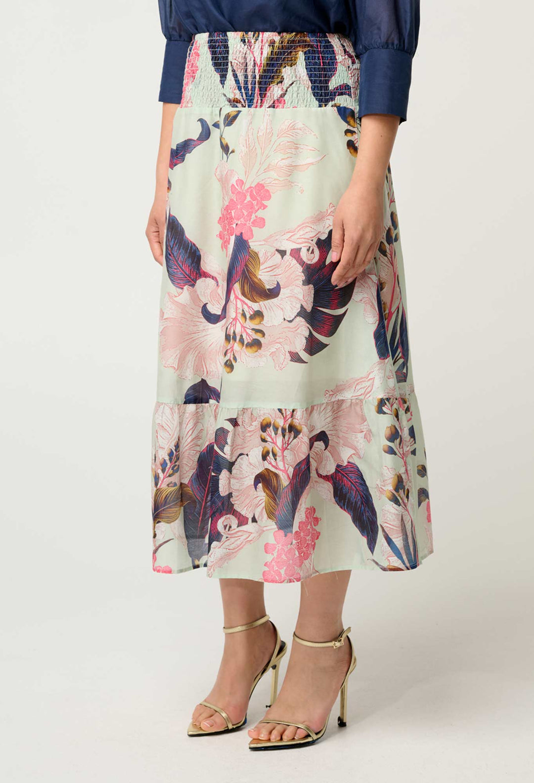 PETITE Cordelia Shirred Silk Cotton Skirt in Oasis Flora - Stanleyandstone