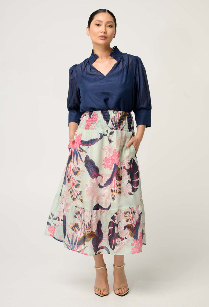 PETITE Cordelia Shirred Silk Cotton Skirt in Oasis Flora - Stanleyandstone