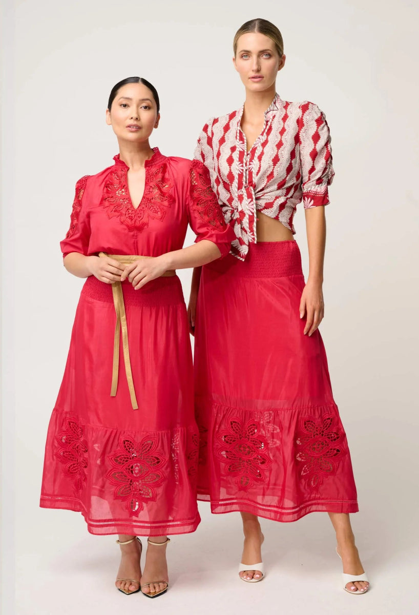 PETITE Cordelia Shirred Silk Cotton Skirt in Ruby skirt Once Was