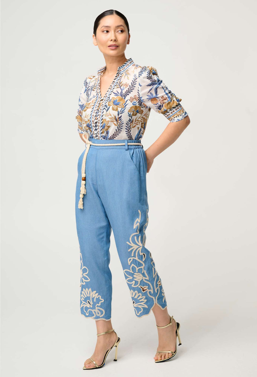 PETITE Helm Tencel Embroidered Straight Leg Pant in Sky - Stanleyandstone