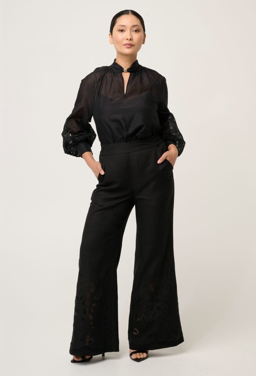 PETITE Rhea Linen Viscose Embroidered Pant in Black pant OnceWas