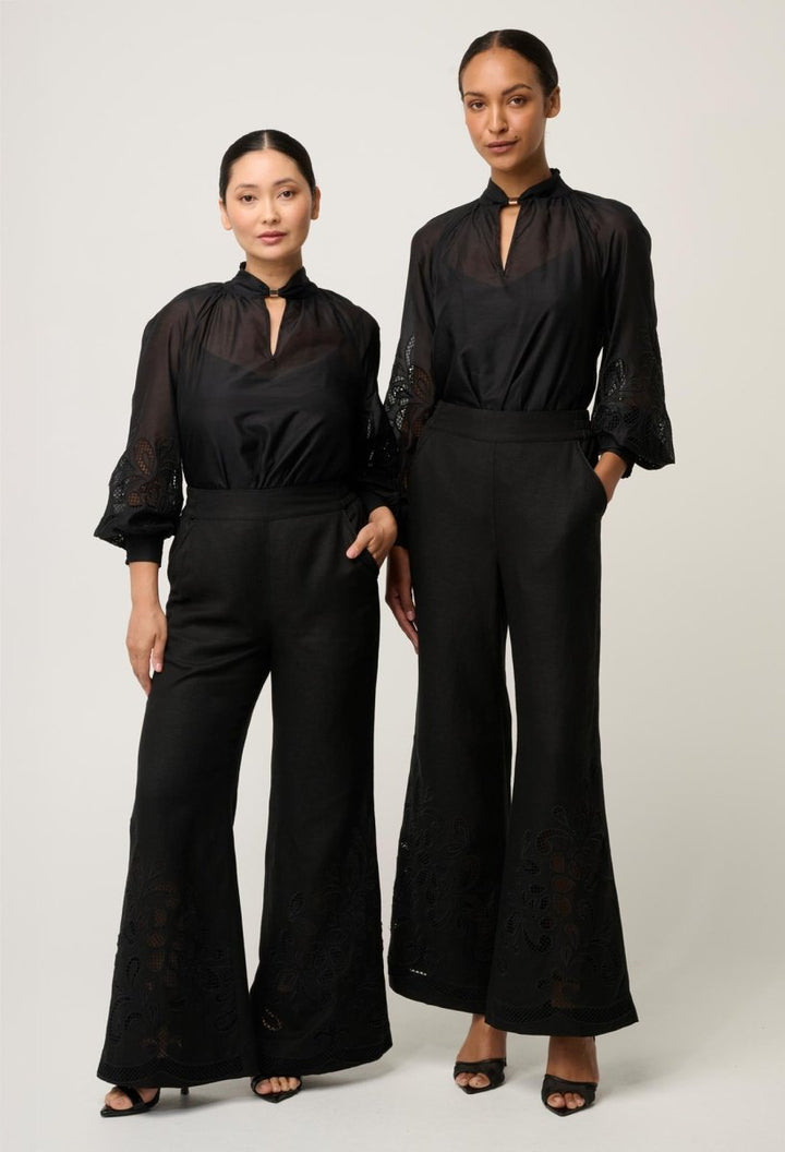 PETITE Rhea Linen Viscose Embroidered Pant in Black pant OnceWas