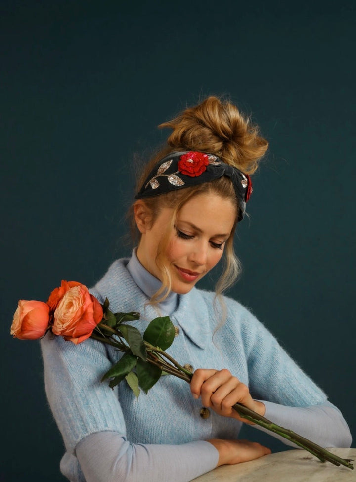 Powder Zinnia Flower embroidered headband hair accessories powder