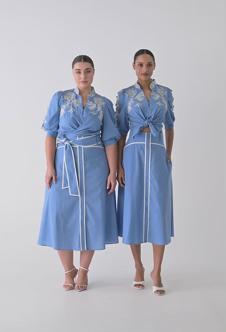 Selvia Cotton Chambray Contrast Bind Skirt in Blue Chambray skirt Once Was