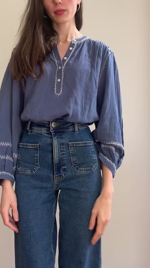 Amelie Feather Stitch Blouse - Blue Blouse Marie Louise De Monteray