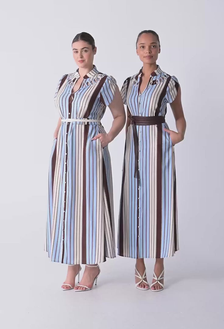 Cattleya Linen Viscose Smock Maxi Dress in Iridescent Stripe dress Once Was