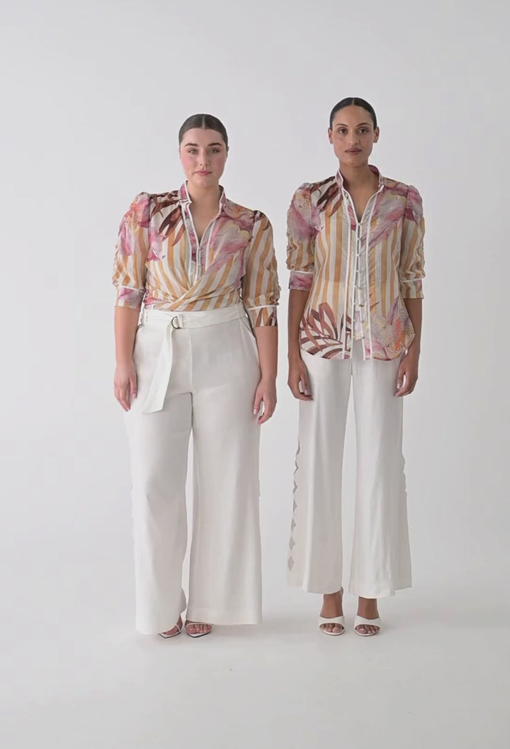 Kayla Stretch Linen Viscose Embroidered Pant in Ivory