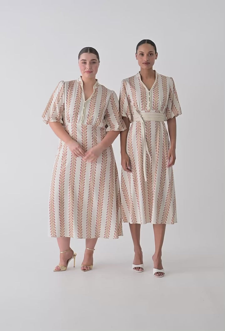 Marcelle Braided Trim Viscose Linen Dress in Gilded Frond
