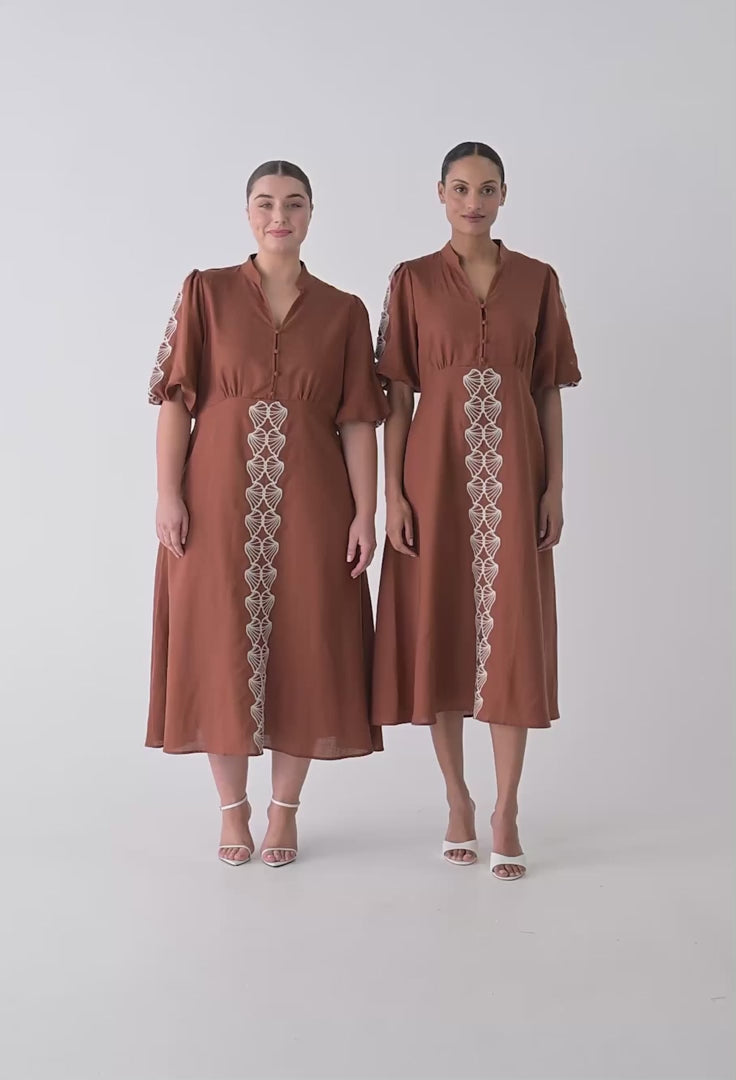 Marcelle Tencel Linen Embroidered Dress in Caramel