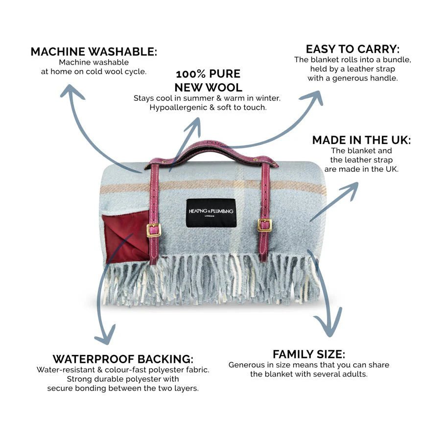 Pure New Wool picnic Blanket - Duck Egg Checks Blankets Heating and Plumbing London