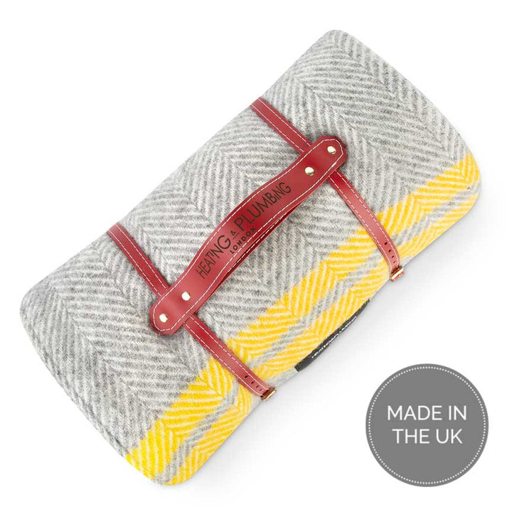 Pure New Wool picnic Blanket - Grey and Yellow Blankets Heating and Plumbing London