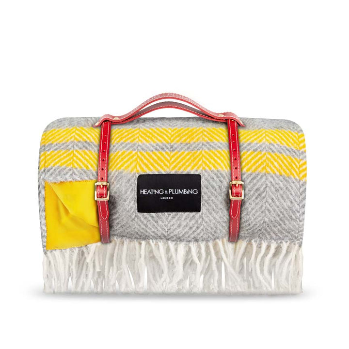 Pure New Wool picnic Blanket - Grey and Yellow Blankets Heating and Plumbing London