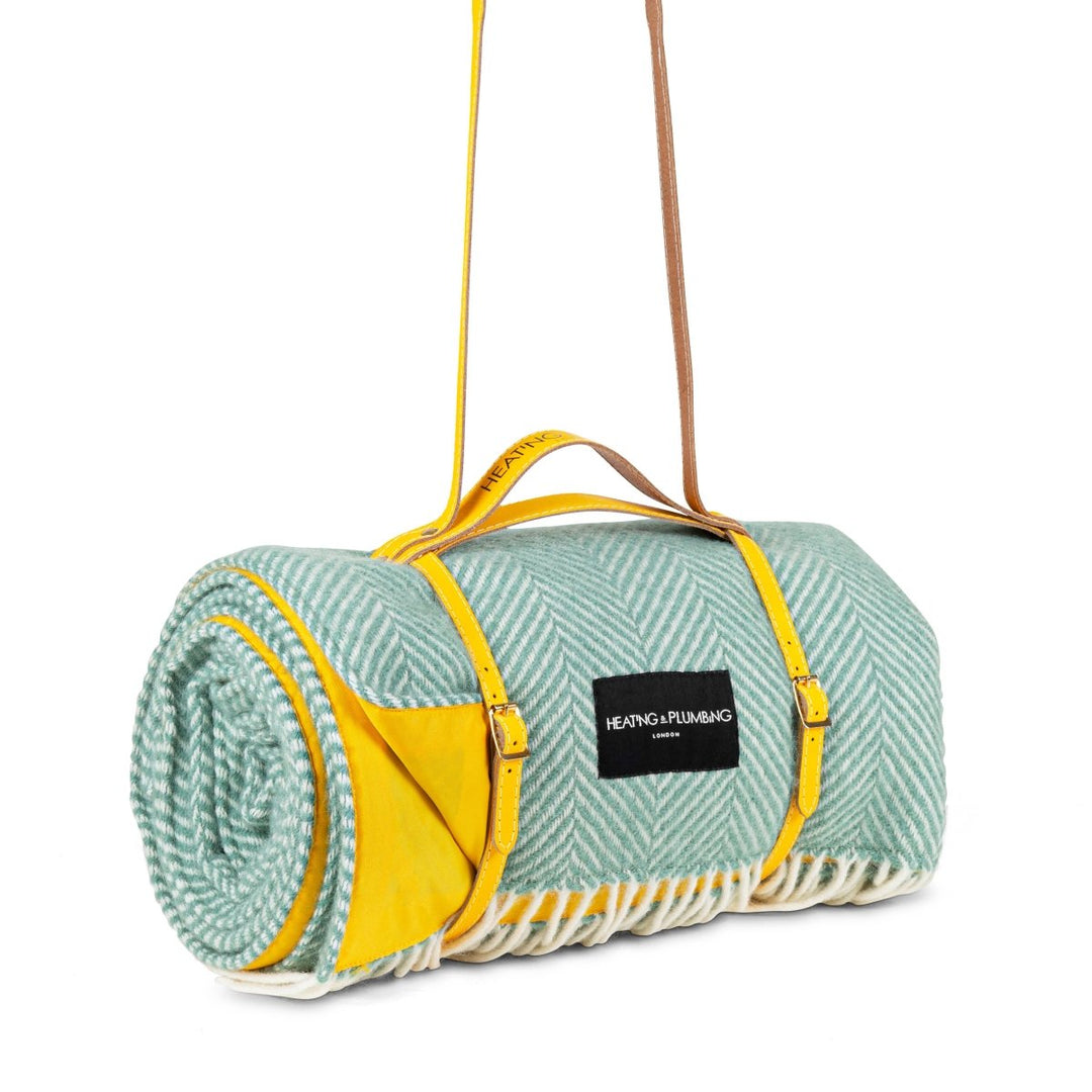 Pure New Wool Picnic Blanket - Mint Green & Yellow Heating & Plumbing London