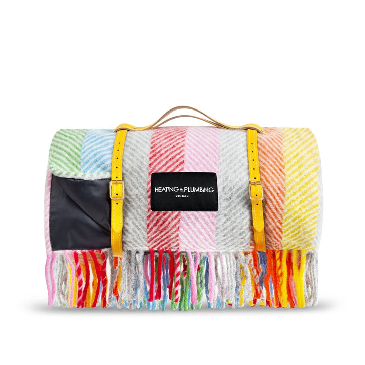 Pure new wool picnic blanket - Rainbow - Short Yellow Strap Heating &amp; Plumbing London