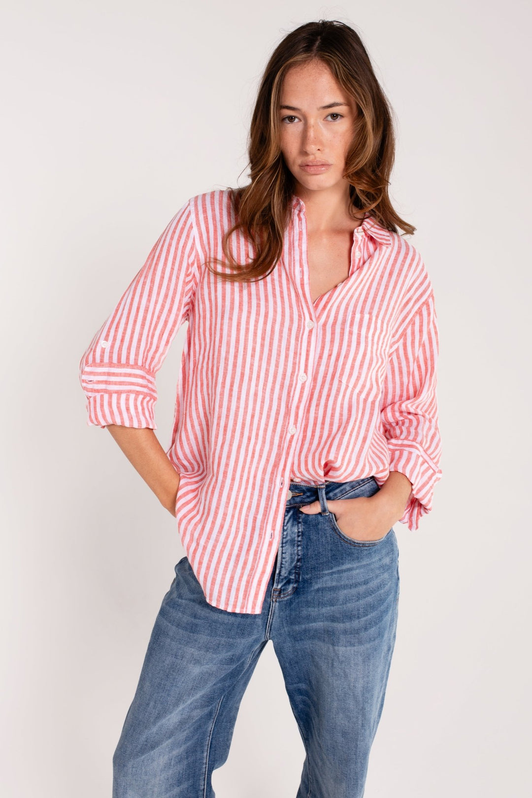 Red Yarn Dye Stripe Boyfriend Linen Shirt H U T
