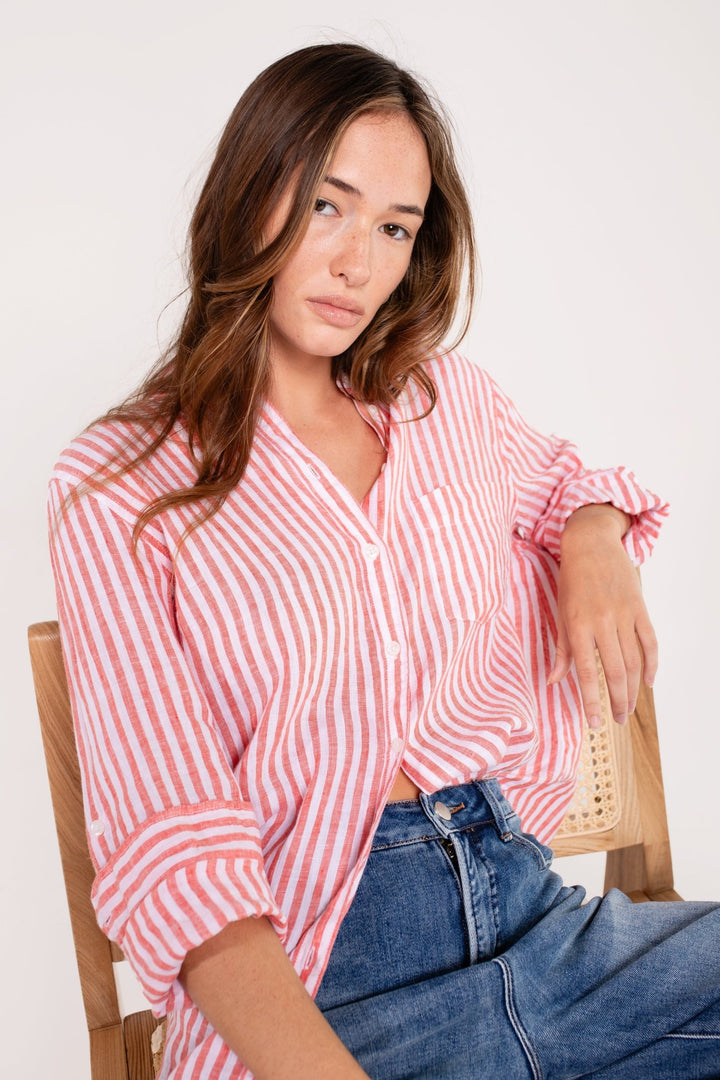 Red Yarn Dye Stripe Boyfriend Linen Shirt H U T