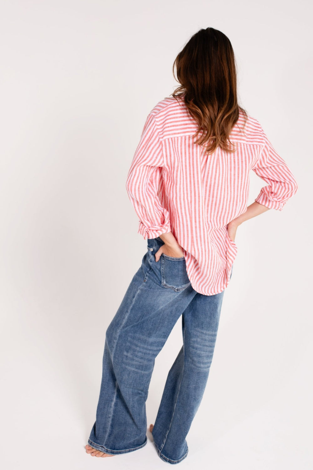 Red Yarn Dye Stripe Boyfriend Linen Shirt H U T