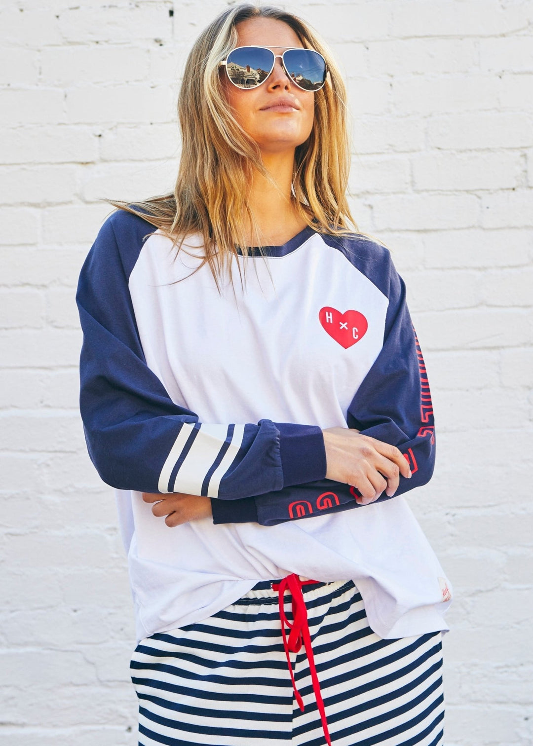 RETRO HEART L/S TEE - WHITE/NAVY Long Sleeve Tee hammill & Co