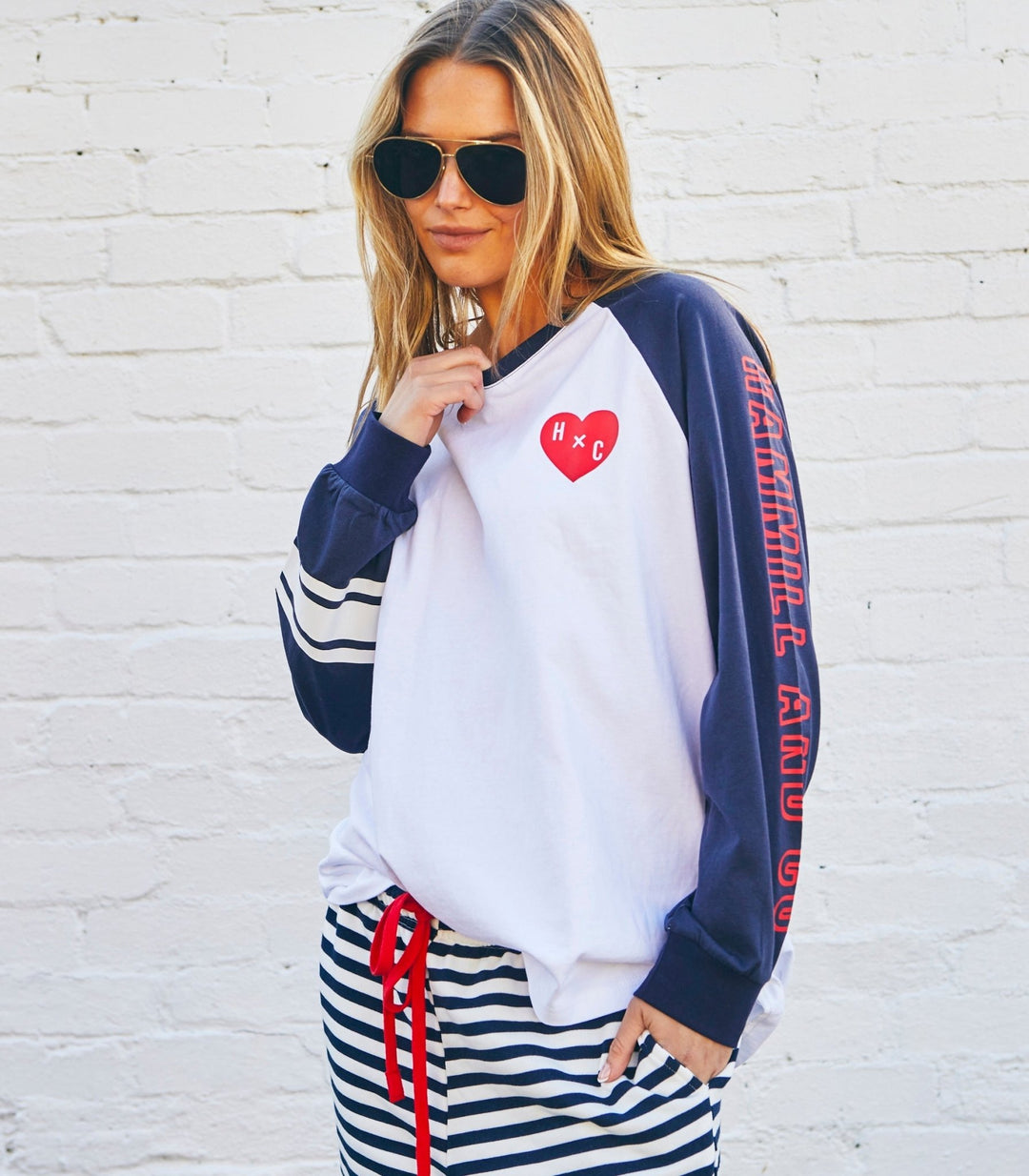 RETRO HEART L/S TEE - WHITE/NAVY Long Sleeve Tee hammill & Co