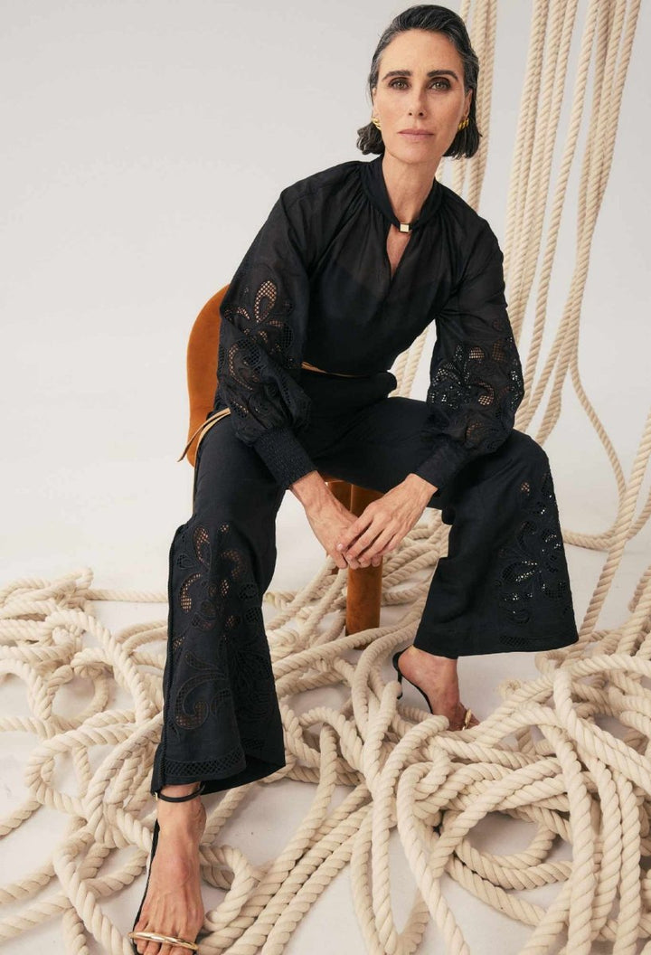 Rhea Linen Viscose Embroidered Pant in Black Pant Once Was