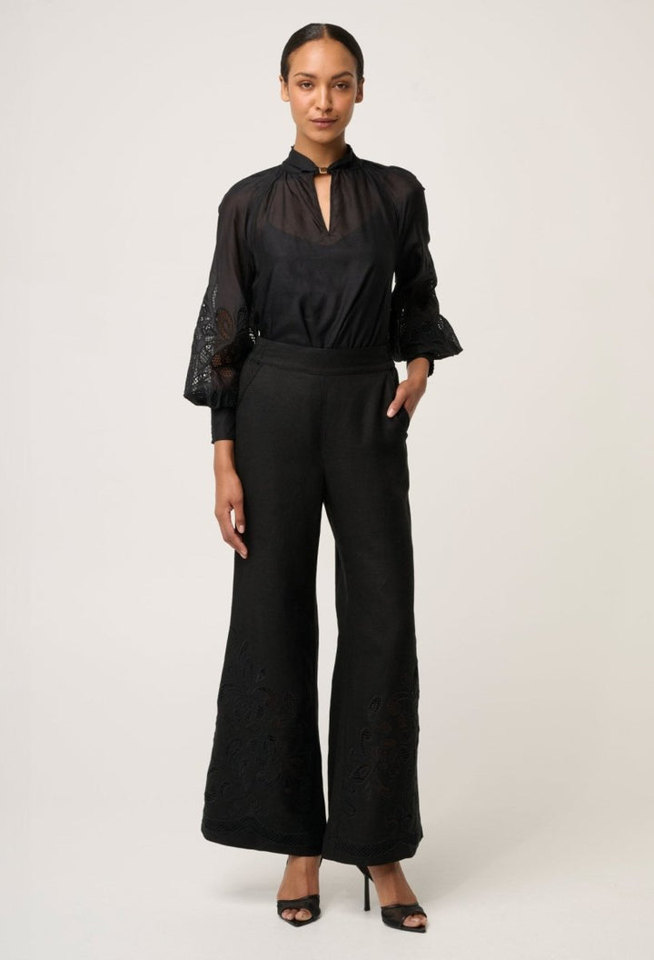 Rhea Linen Viscose Embroidered Pant in Black Pant Once Was