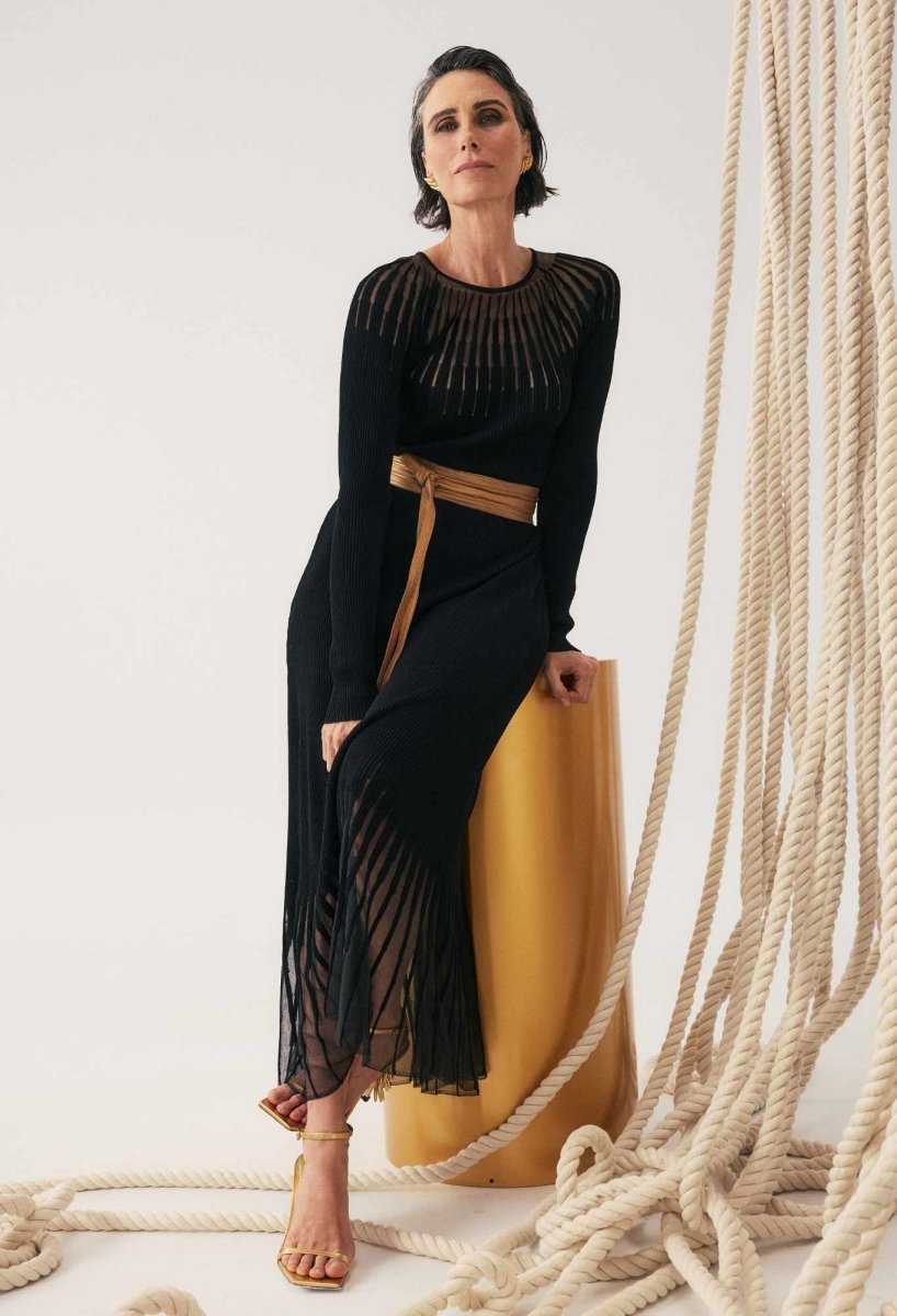 Rhiannon Viscose Nylon Sheer Knit Dress in Black | OnceWas Stanleyandstone Rhiannon Viscose Nylon Sheer Knit Dress in Black | OnceWas Stanleyandstone