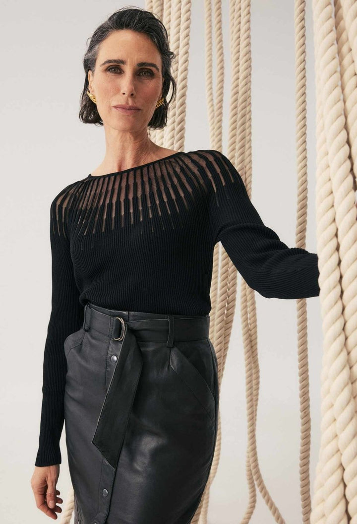 Rhiannon Viscose Nylon Sheer Knit Top in Black Blouse Once Was