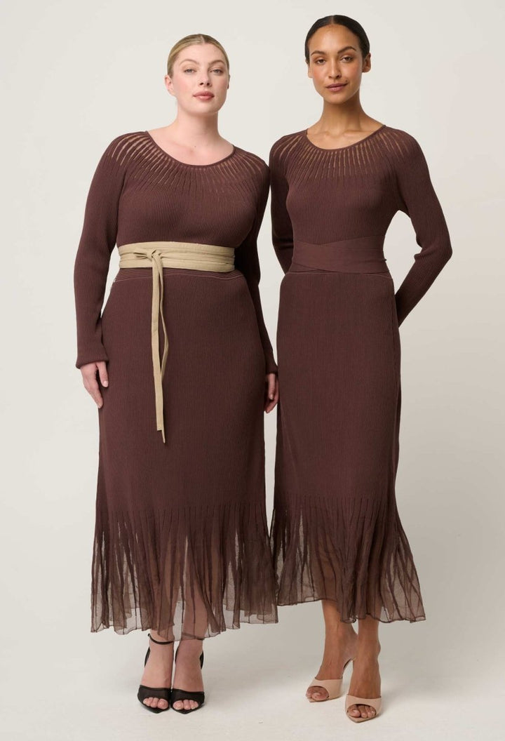 Rhiannon Viscose Nylon Sheer Neckline Knit Dress in Mocha Dress Once Was