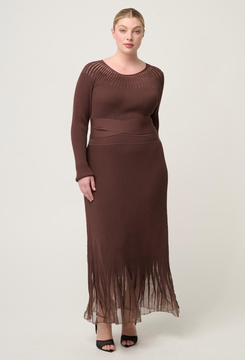 Rhiannon Viscose Nylon Sheer Neckline Knit Dress in Mocha Dress Once Was