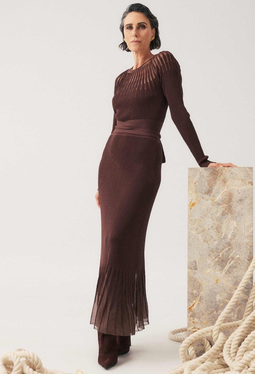 Rhiannon Viscose Nylon Sheer Neckline Knit Dress in Mocha Dress Once Was