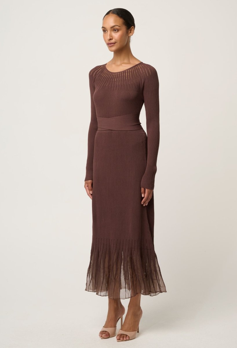 Rhiannon Viscose Nylon Sheer Neckline Knit Dress in Mocha Dress Once Was