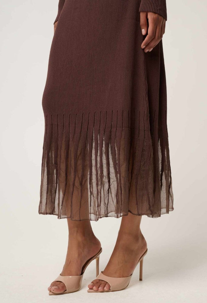 Rhiannon Viscose Nylon Sheer Neckline Knit Dress in Mocha Dress Once Was