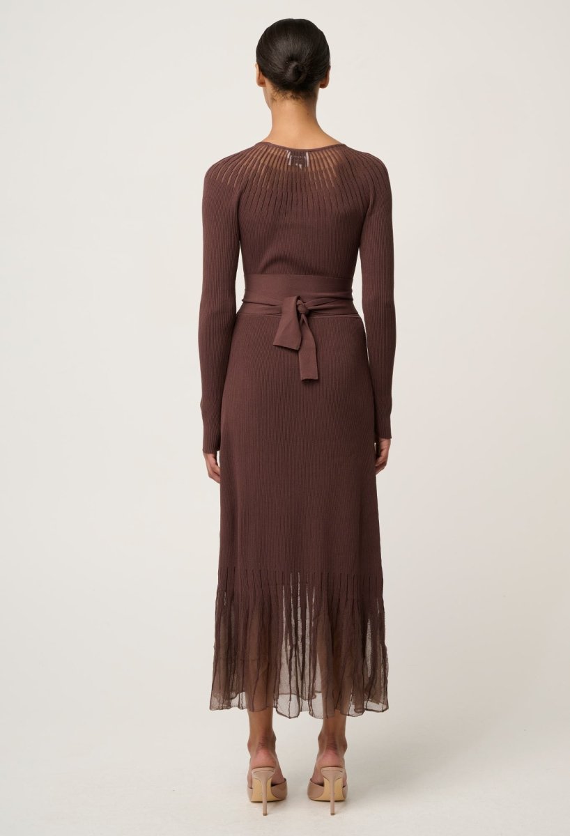 Rhiannon Viscose Nylon Sheer Neckline Knit Dress in Mocha Dress Once Was