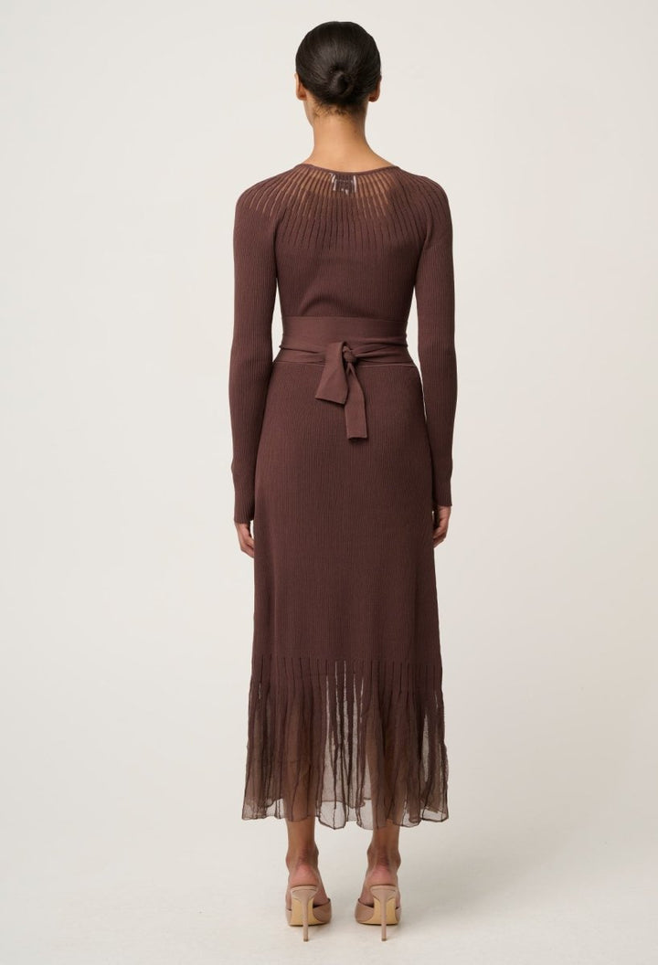 Rhiannon Viscose Nylon Sheer Neckline Knit Dress in Mocha Dress Once Was