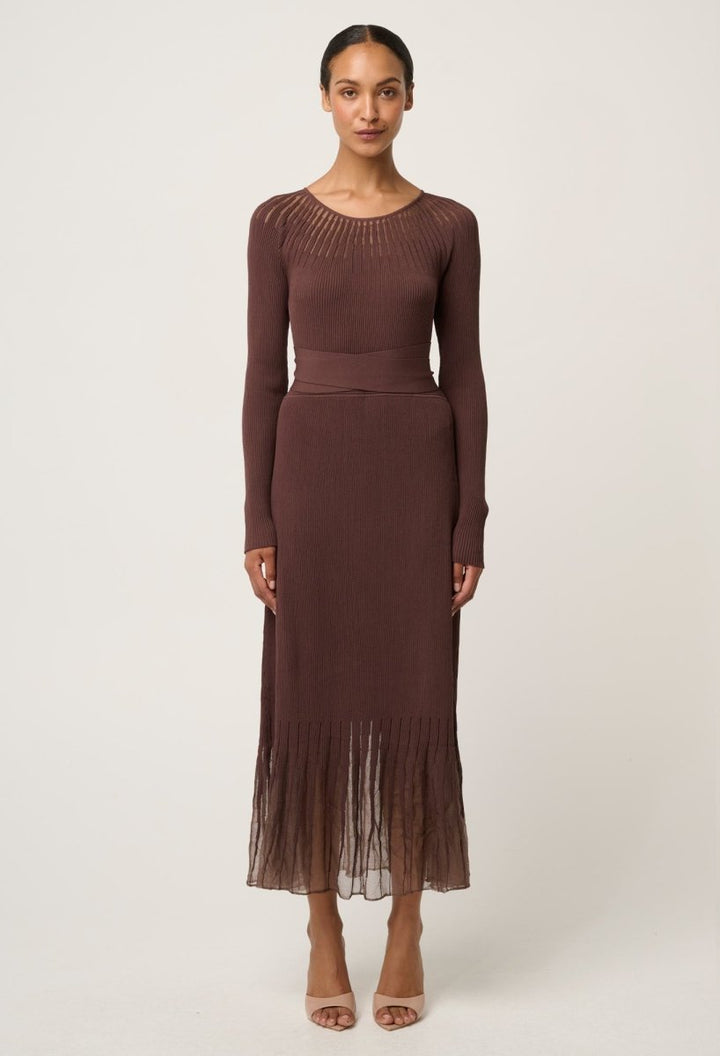 Rhiannon Viscose Nylon Sheer Neckline Knit Dress in Mocha Dress Once Was
