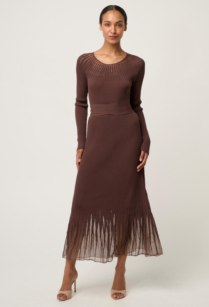 Rhiannon Viscose Nylon Sheer Neckline Knit Dress in Mocha Dress Once Was