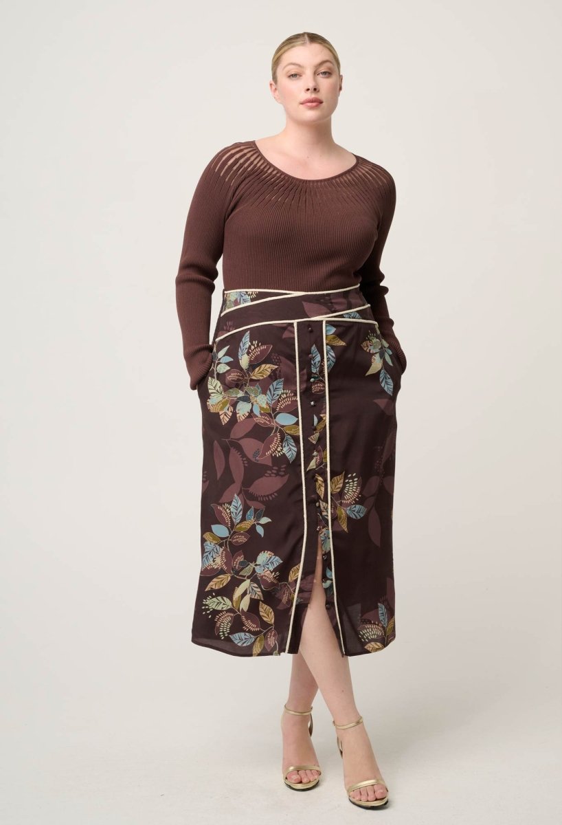 Rhiannon Viscose Nylon Sheer Neckline Knit Top in Mocha Knit Once Was
