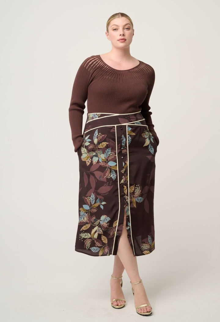 Rhiannon Viscose Nylon Sheer Neckline Knit Top in Mocha Knit Once Was