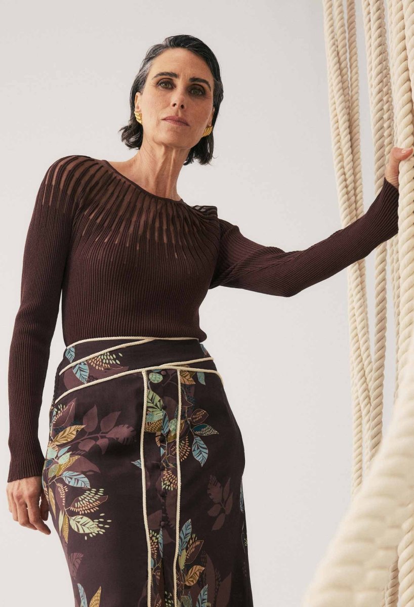 Rhiannon Viscose Nylon Sheer Neckline Knit Top in Mocha Knit Once Was