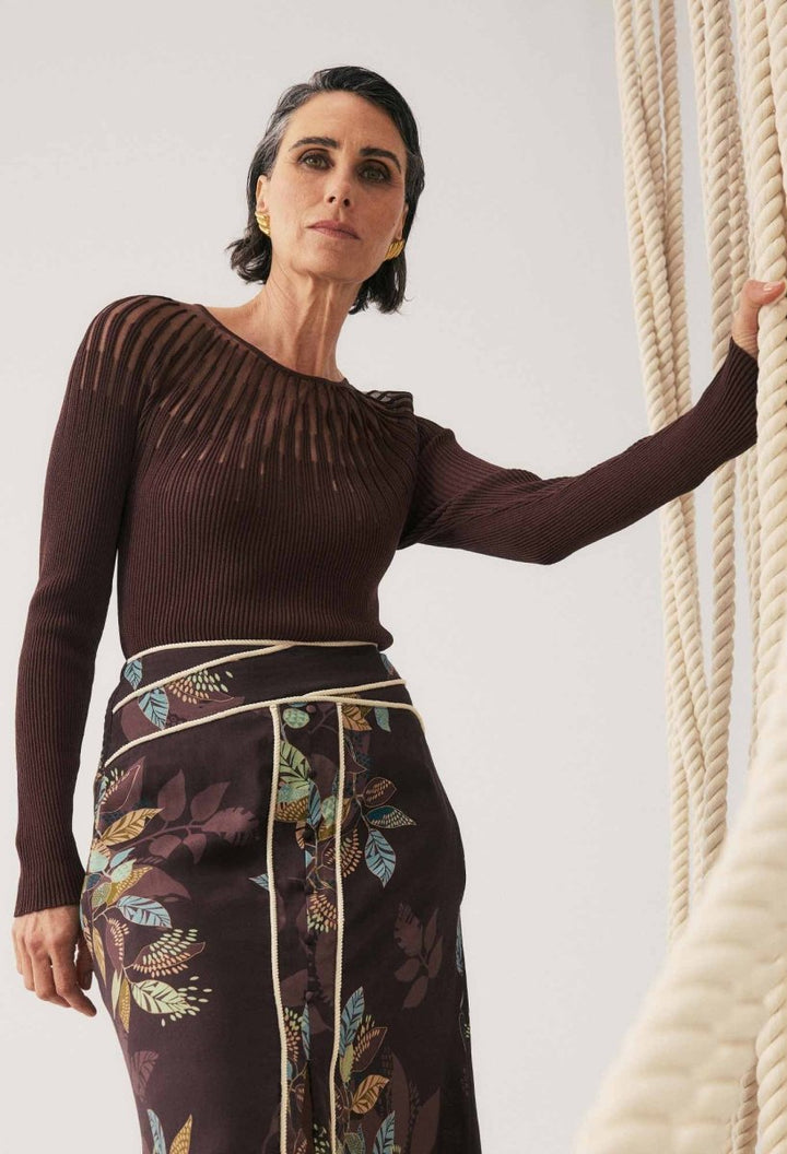 Rhiannon Viscose Nylon Sheer Neckline Knit Top in Mocha Knit Once Was