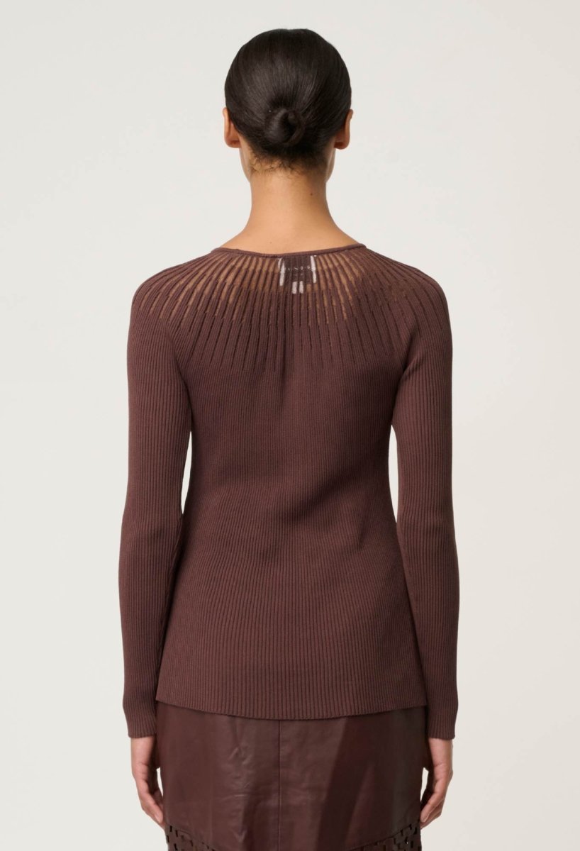 Rhiannon Viscose Nylon Sheer Neckline Knit Top in Mocha Knit Once Was