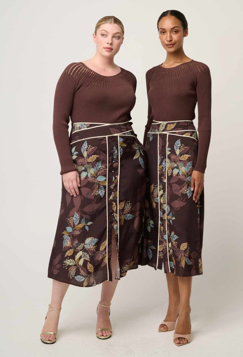 Rhiannon Viscose Nylon Sheer Neckline Knit Top in Mocha Knit Once Was