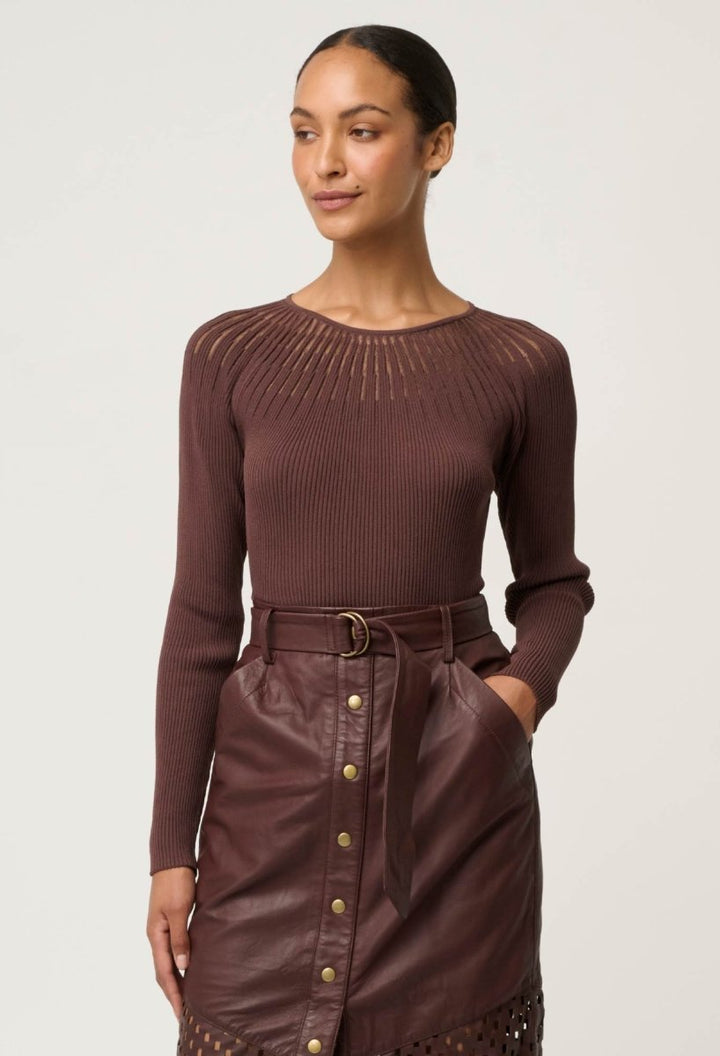 Rhiannon Viscose Nylon Sheer Neckline Knit Top in Mocha Knit Once Was