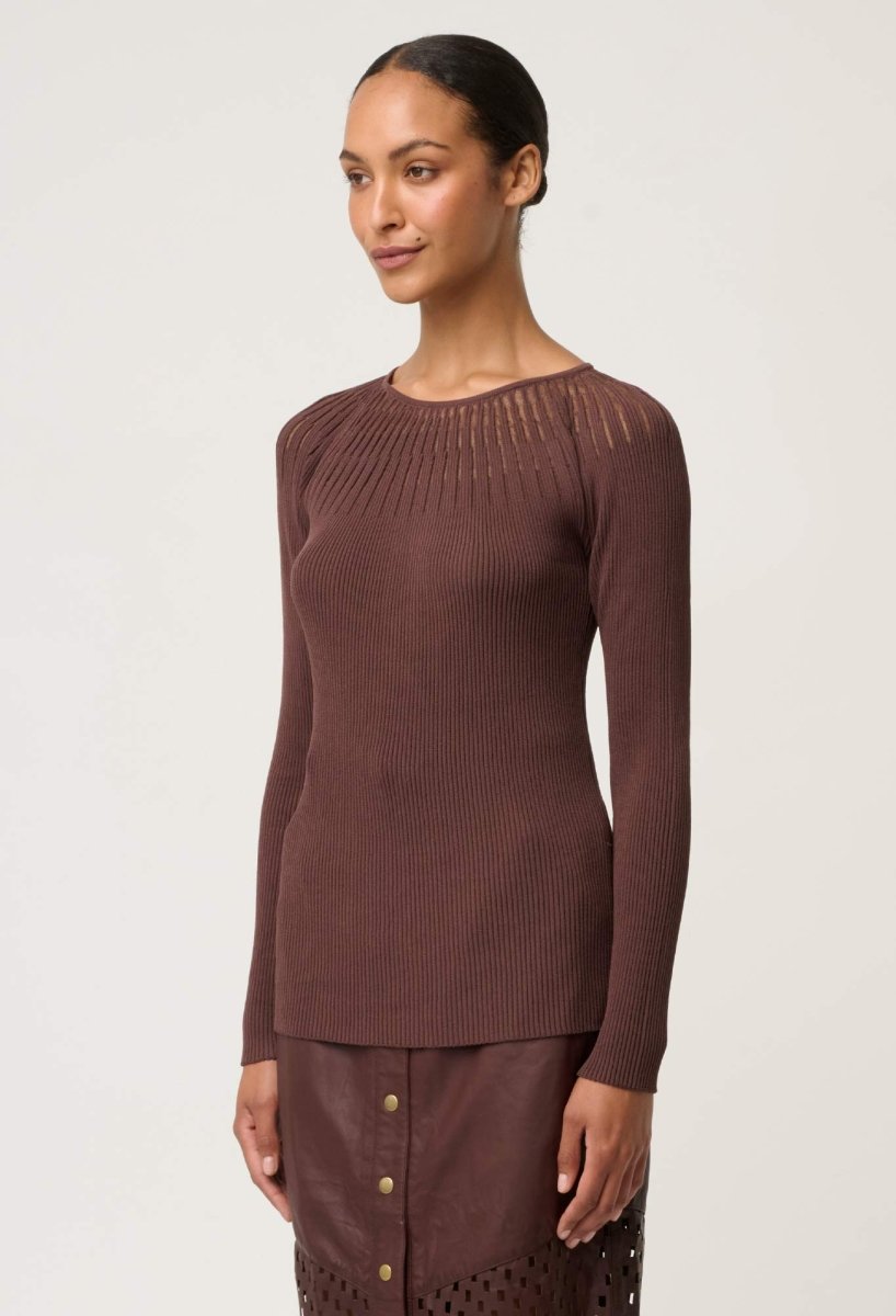 Rhiannon Viscose Nylon Sheer Neckline Knit Top in Mocha Knit Once Was