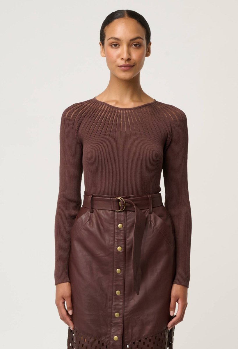 Rhiannon Viscose Nylon Sheer Neckline Knit Top in Mocha Knit Once Was