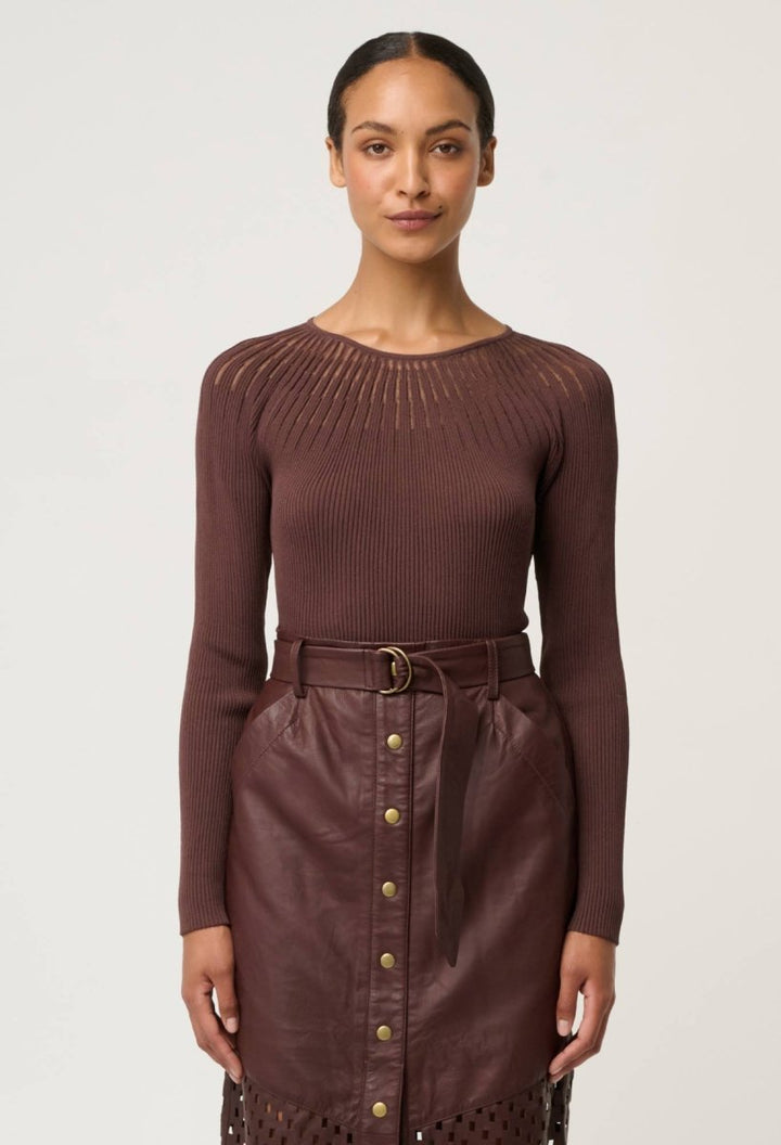 Rhiannon Viscose Nylon Sheer Neckline Knit Top in Mocha Knit Once Was
