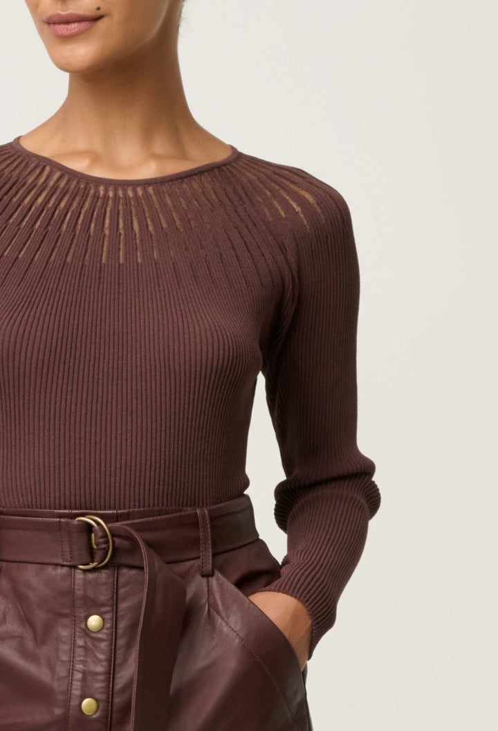 Rhiannon Viscose Nylon Sheer Neckline Knit Top in Mocha Knit Once Was