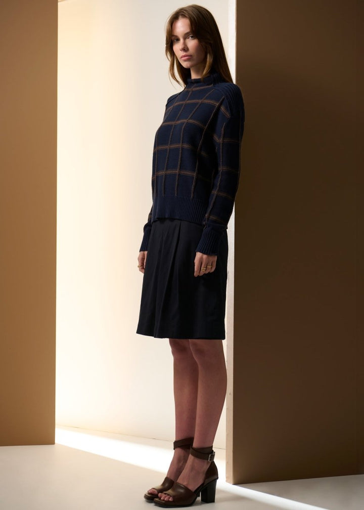 Sable Check Funnel Neck Knit - INK / Choc knit POL