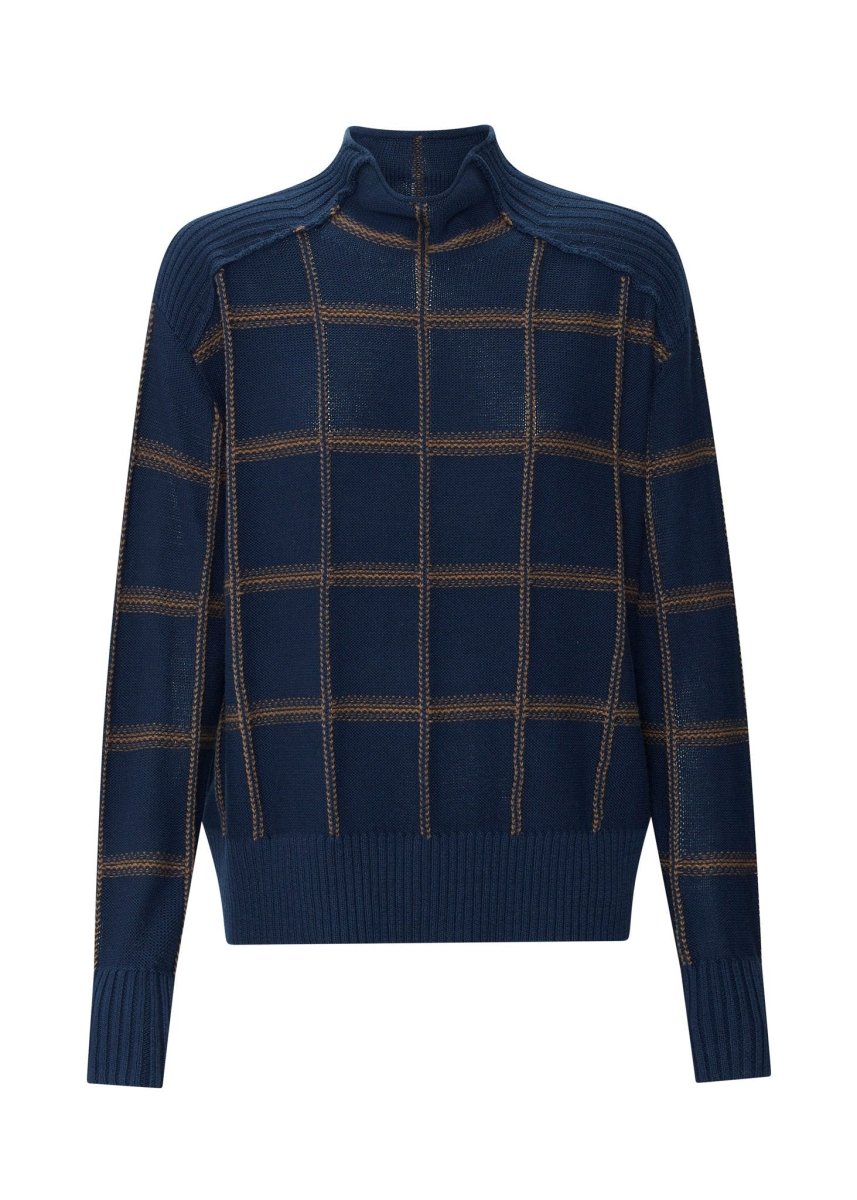 Sable Check Funnel Neck Knit - INK / Choc knit POL