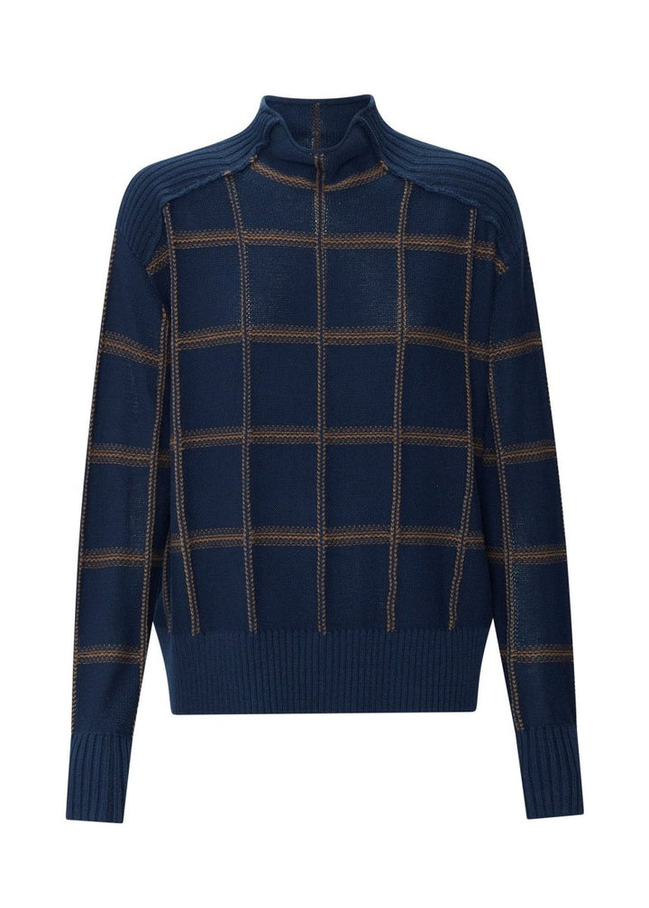 Sable Check Funnel Neck Knit - INK / Choc knit POL